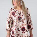 Elegancka asymetryczna bluzka damska plus size we wzory z okrągłym dekoltem i długim rękawem – bluzka XXL dla puszystych 44-54