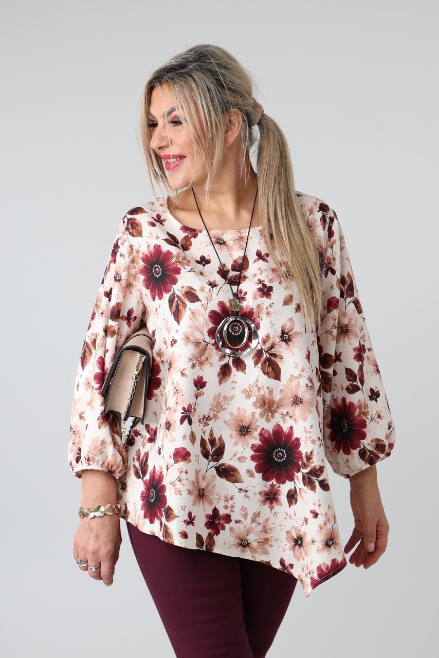 Elegancka asymetryczna bluzka damska plus size we wzory z okrągłym dekoltem i długim rękawem – bluzka XXL dla puszystych 44-54