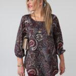 Elegancka asymetryczna bluzka damska plus size we wzory z okrągłym dekoltem i długim rękawem – bluzka XXL dla puszystych 44-54