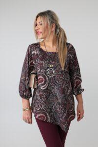 Elegancka asymetryczna bluzka damska plus size we wzory z okrągłym dekoltem i długim rękawem – bluzka XXL dla puszystych 44-54