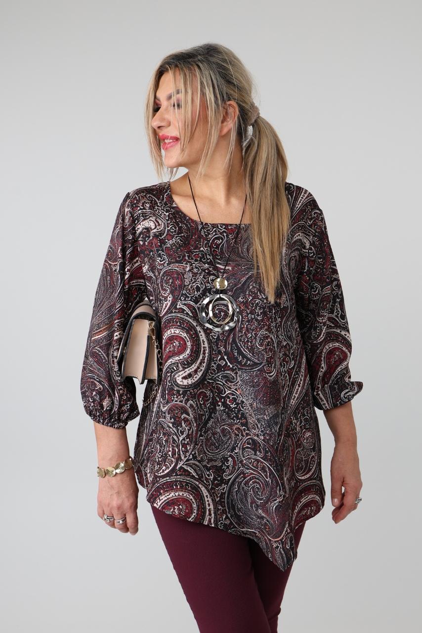 Elegancka asymetryczna bluzka damska plus size we wzory z okrągłym dekoltem i długim rękawem – bluzka XXL dla puszystych 44-54