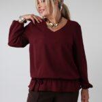 Elegancka bluzka damska plus size z dekoltem w serek, gumką i ozdobną kokardką w pasie – wizytowa bluzka XXL dla puszystych 44-54