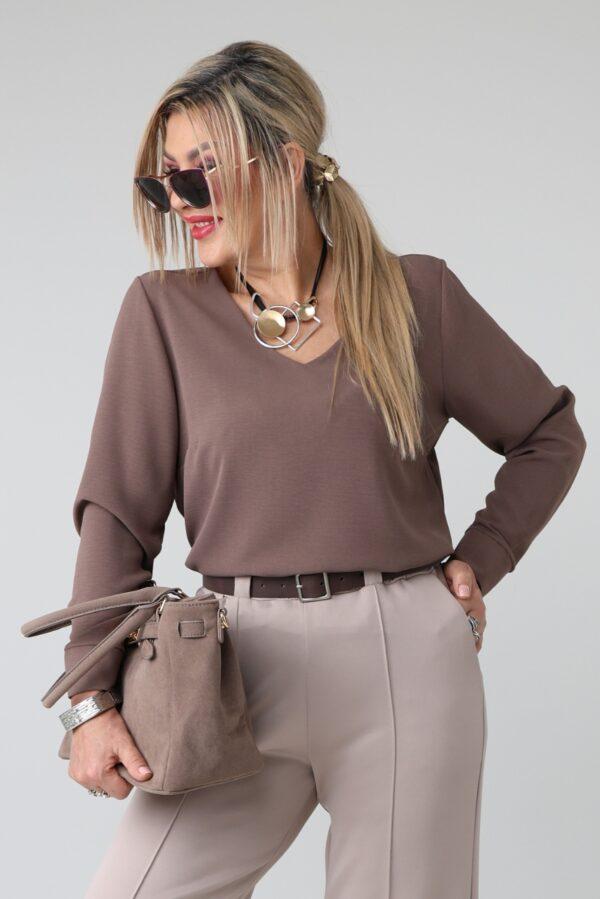Elegancka bluzka damska plus size z dekoltem w serek, długim rękawem i mankietami – wizytowa bluzka XXL dla puszystych 44-54