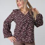 Elegancka wzorzysta bluzka damska plus size z bufiastymi rękawami i dekoltem w serek – bluzka wizytowa XXL dla puszystych kobiet
