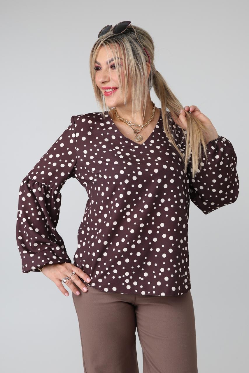 Elegancka wzorzysta bluzka damska plus size z bufiastymi rękawami i dekoltem w serek – bluzka wizytowa XXL dla puszystych kobiet