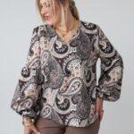 Elegancka wzorzysta bluzka damska plus size z bufiastymi rękawami i dekoltem w serek – bluzka wizytowa XXL dla puszystych kobiet
