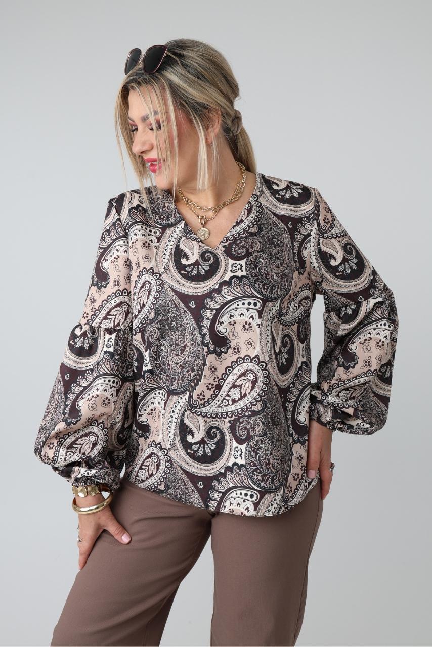 Elegancka wzorzysta bluzka damska plus size z bufiastymi rękawami i dekoltem w serek – bluzka wizytowa XXL dla puszystych kobiet