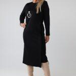 Długa elegancka sukienka damska plus size z imitacją bluzki i długim rękawem – sukienka XXL dla puszystych 44-50