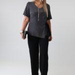 Elegancki komplet damski plus size z błyszczącą bluzką i prostymi spodniami – wizytowy komplet XXL dla puszystych 42-50