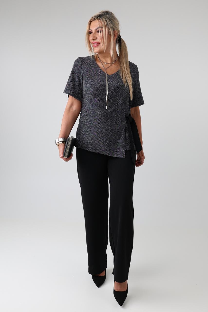 Elegancki komplet damski plus size z błyszczącą bluzką i prostymi spodniami – wizytowy komplet XXL dla puszystych 42-50