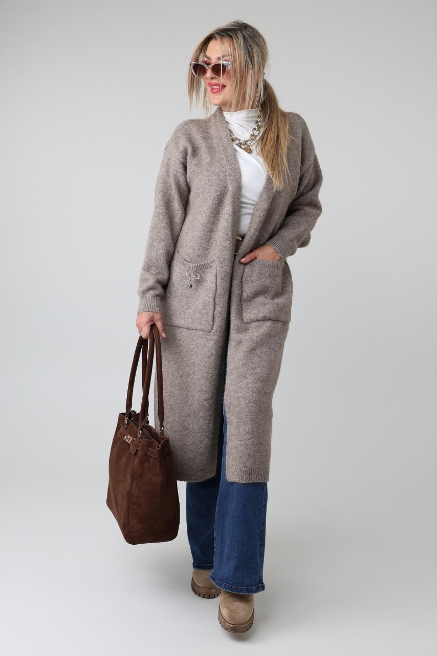 Długi kardigan damski plus size oversize z kieszeniami – ciepły sweter wełniany XXL i narzutka dla puszystych 44-48