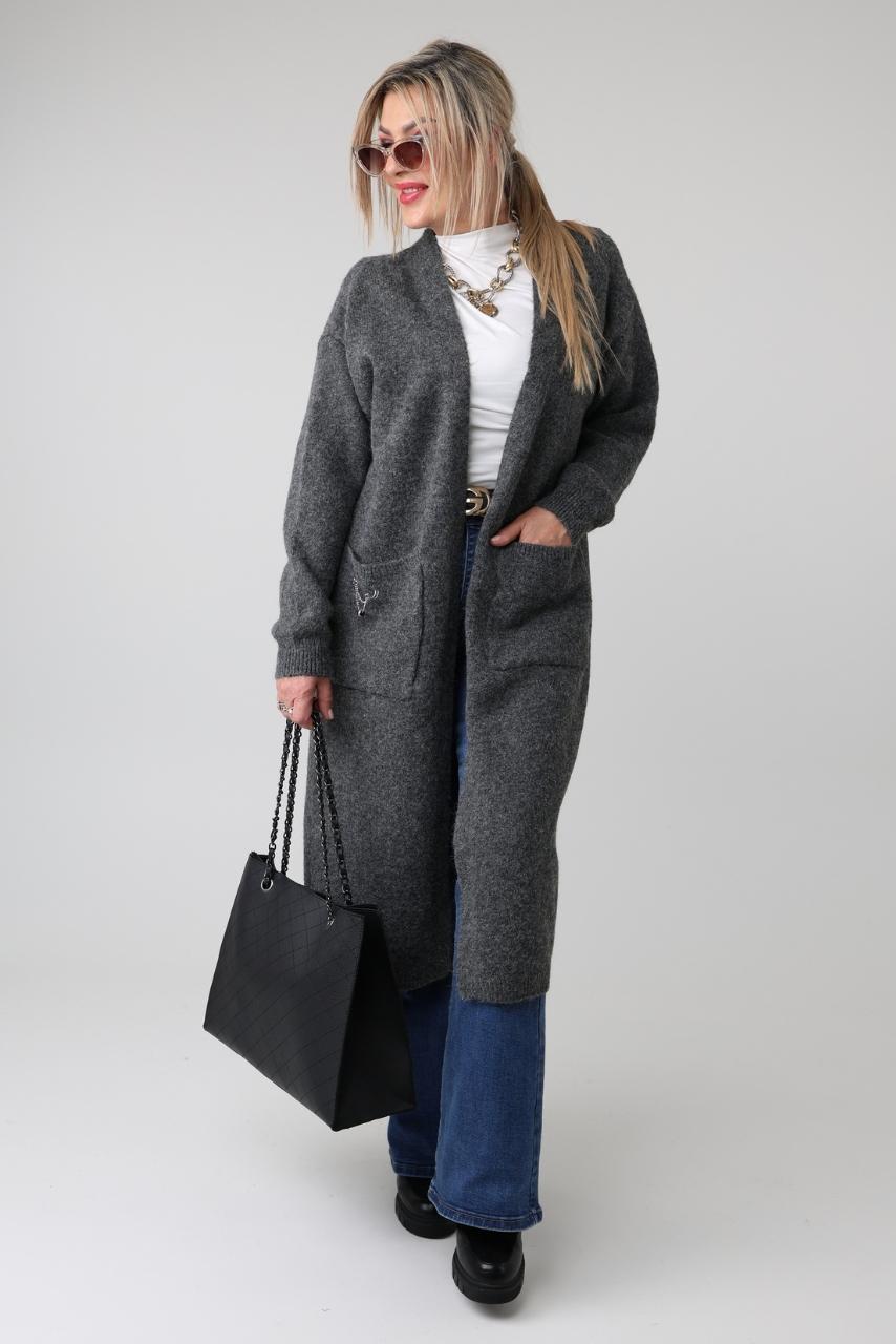 Długi kardigan damski plus size oversize z kieszeniami – ciepły sweter wełniany XXL i narzutka dla puszystych 44-48