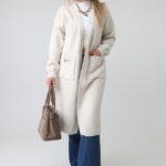 Długi kardigan damski plus size oversize z kieszeniami – ciepły sweter wełniany XXL i narzutka dla puszystych 44-48
