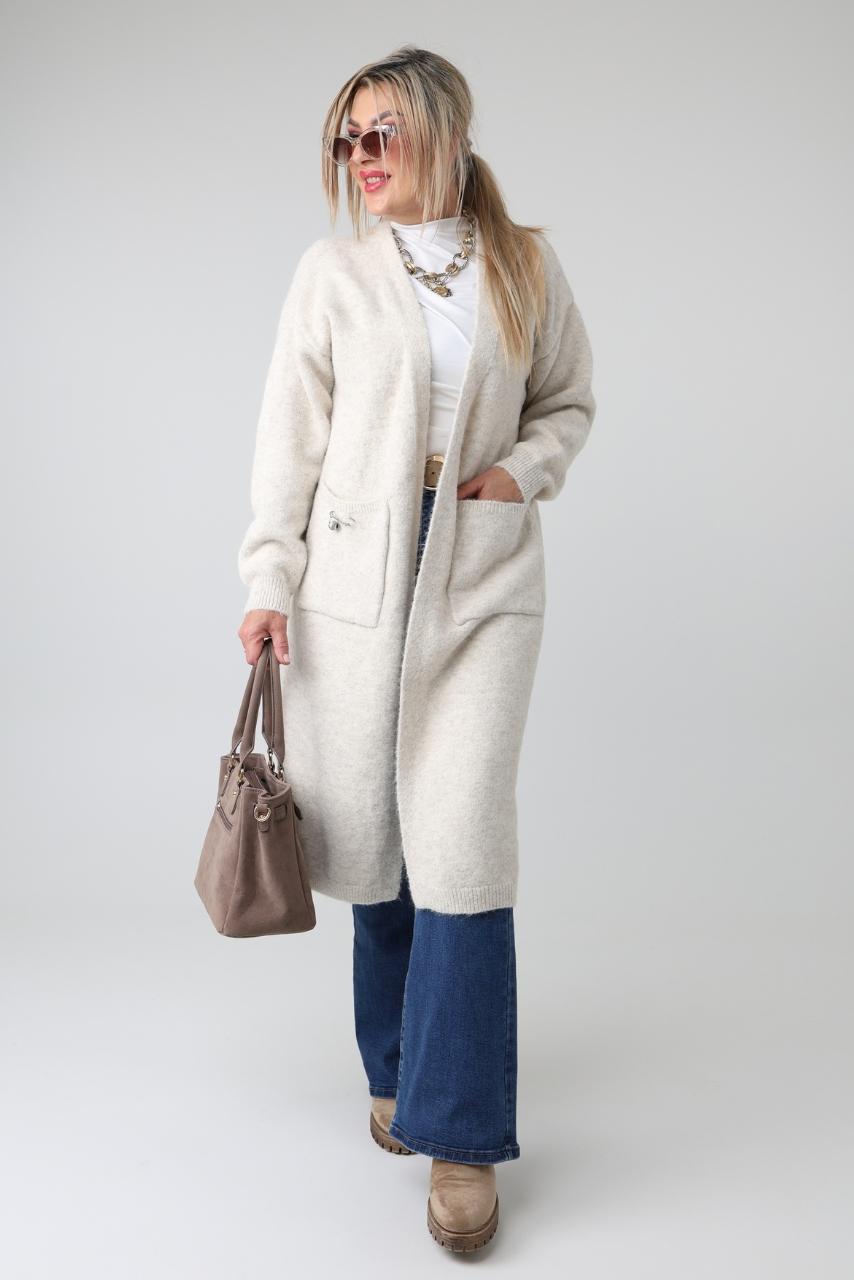 Długi kardigan damski plus size oversize z kieszeniami – ciepły sweter wełniany XXL i narzutka dla puszystych 44-48