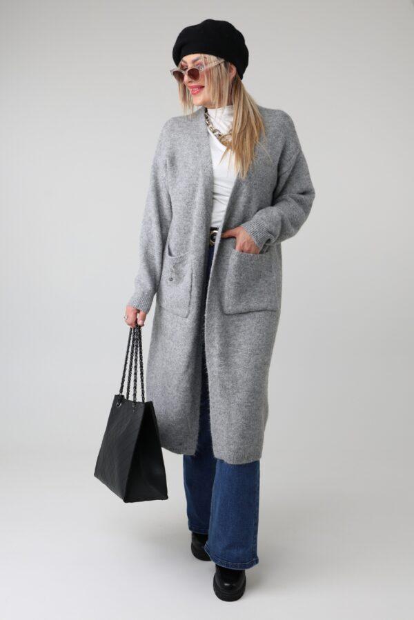 Długi kardigan damski plus size oversize z kieszeniami – ciepły sweter wełniany XXL i narzutka dla puszystych 44-48