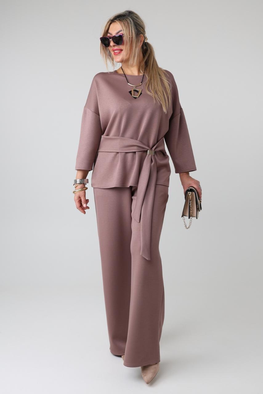 Elegancki komplet damski plus size z regulacją w talii – bluzka i spodnie XXL dla puszystych kobiet 44-52