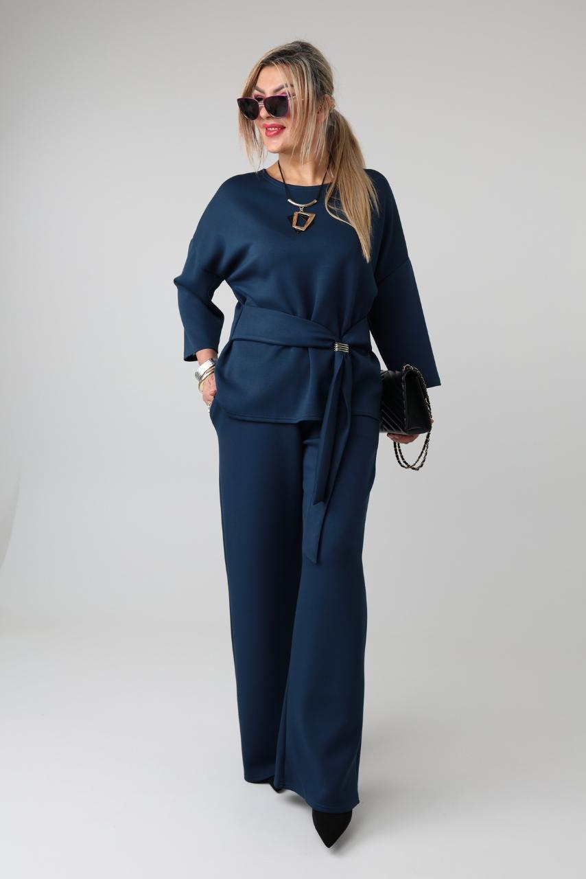 Elegancki komplet damski plus size z regulacją w talii – bluzka i spodnie XXL dla puszystych kobiet 44-52