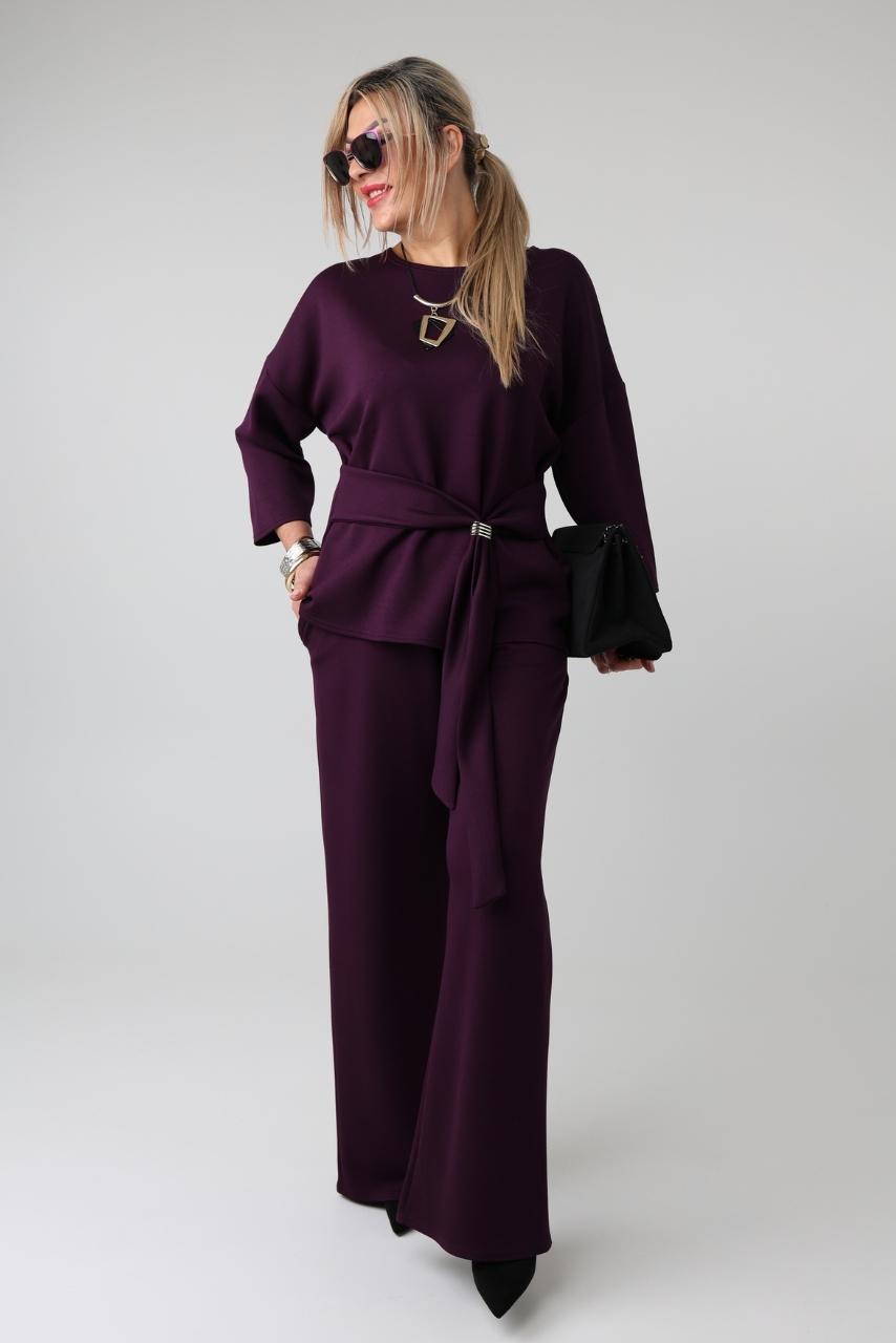 Elegancki komplet damski plus size z regulacją w talii – bluzka i spodnie XXL dla puszystych kobiet 44-52