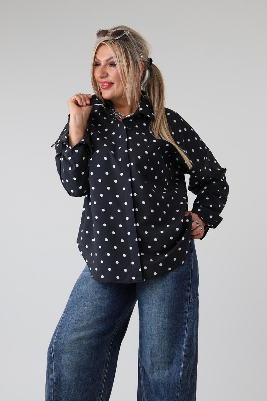 Elegancka koszula damska w groszki plus size z kieszonką i długim rękawem – koszula XXL dla puszystych 42-50