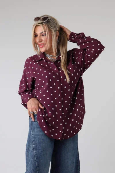 Elegancka koszula damska w groszki plus size z kieszonką i długim rękawem – koszula XXL dla puszystych 42-50
