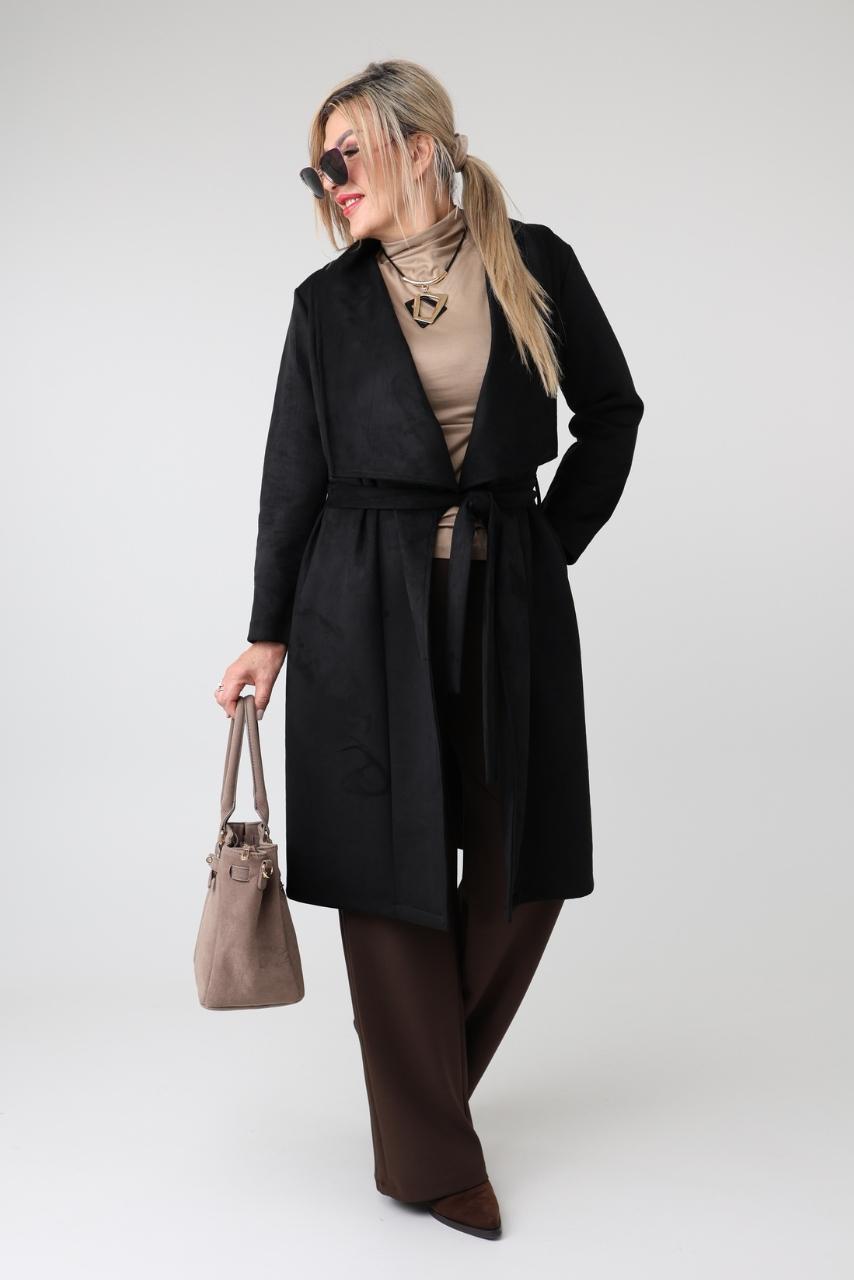 Zamszowy płaszcz damski plus size wiązany w pasie z kieszeniami – elegancki płaszcz przejściowy dla puszystych kobiet 42-50