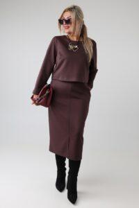 Długa elegancka sukienka damska plus size z imitacją bluzki i długim rękawem – sukienka XXL dla puszystych 44-50