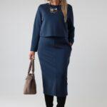 Długa elegancka sukienka damska plus size z imitacją bluzki i długim rękawem – sukienka XXL dla puszystych 44-50