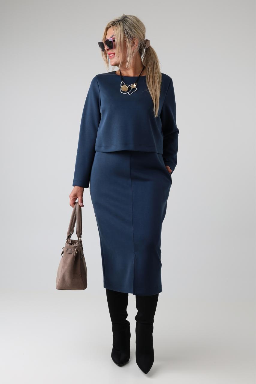 Długa elegancka sukienka damska plus size z imitacją bluzki i długim rękawem – sukienka XXL dla puszystych 44-50