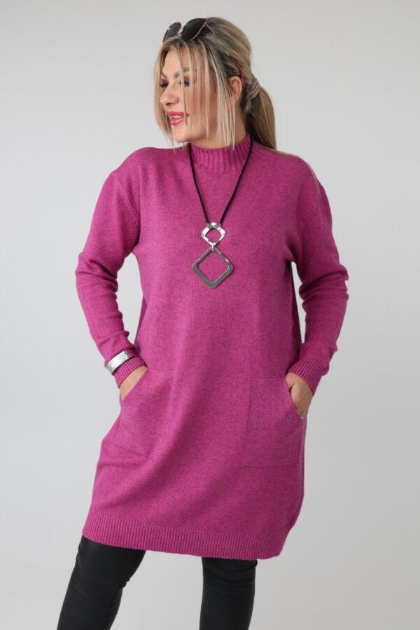 Dłuższy sweter tunika plus size z półgolfem i kieszeniami – luźny elegancki sweter damski XXL dla puszystych kobiet