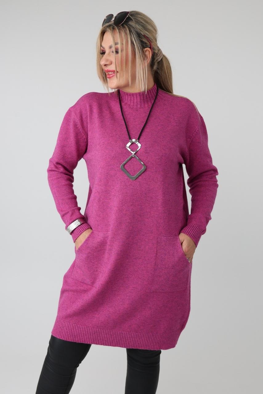 Dłuższy sweter tunika plus size z półgolfem i kieszeniami – luźny elegancki sweter damski XXL dla puszystych kobiet