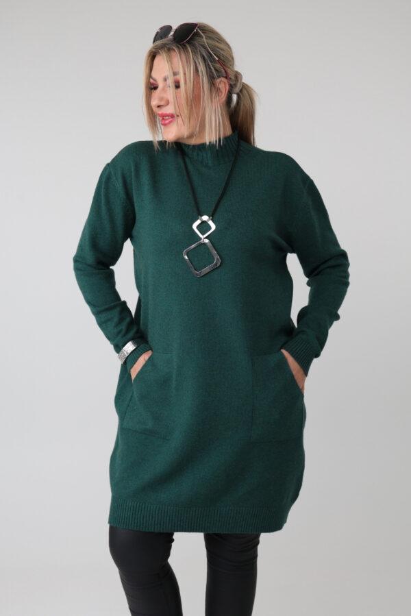 Dłuższy sweter tunika plus size z półgolfem i kieszeniami – luźny elegancki sweter damski XXL dla puszystych kobiet