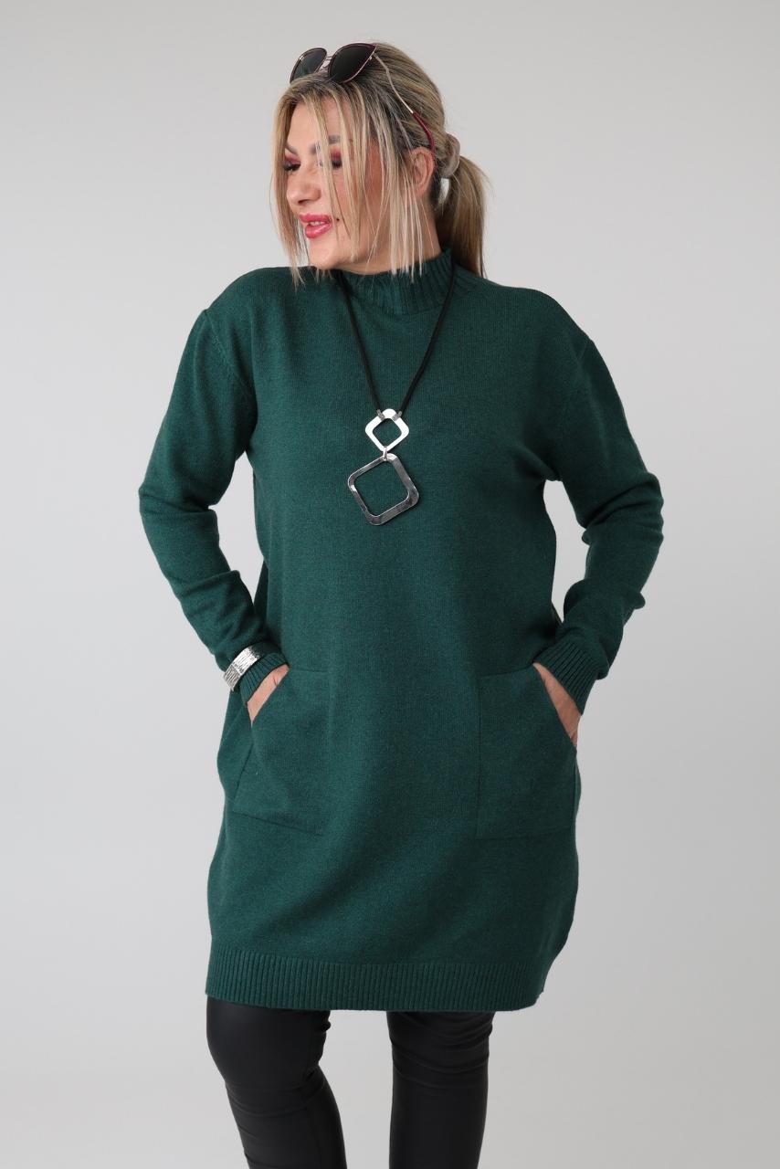 Dłuższy sweter tunika plus size z półgolfem i kieszeniami – luźny elegancki sweter damski XXL dla puszystych kobiet