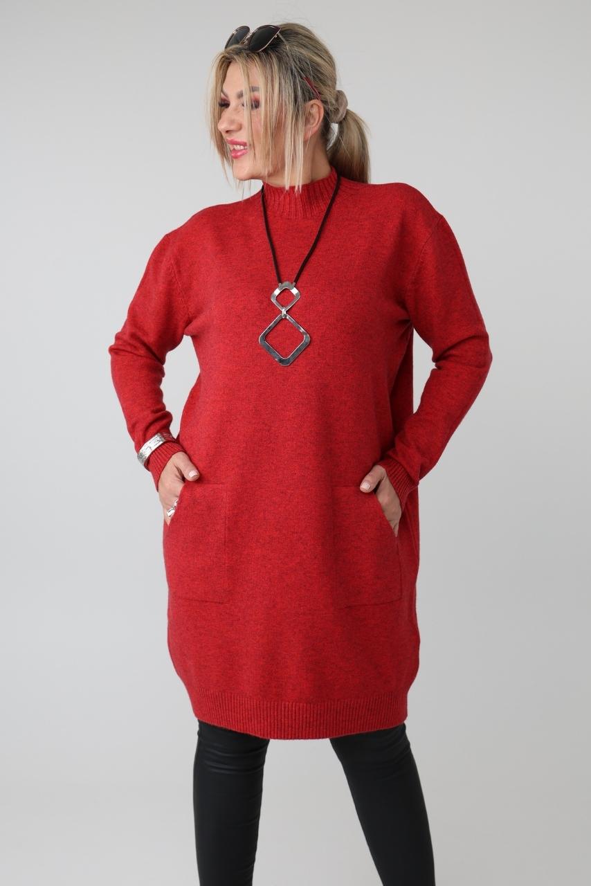 Dłuższy sweter tunika plus size z półgolfem i kieszeniami – luźny elegancki sweter damski XXL dla puszystych kobiet