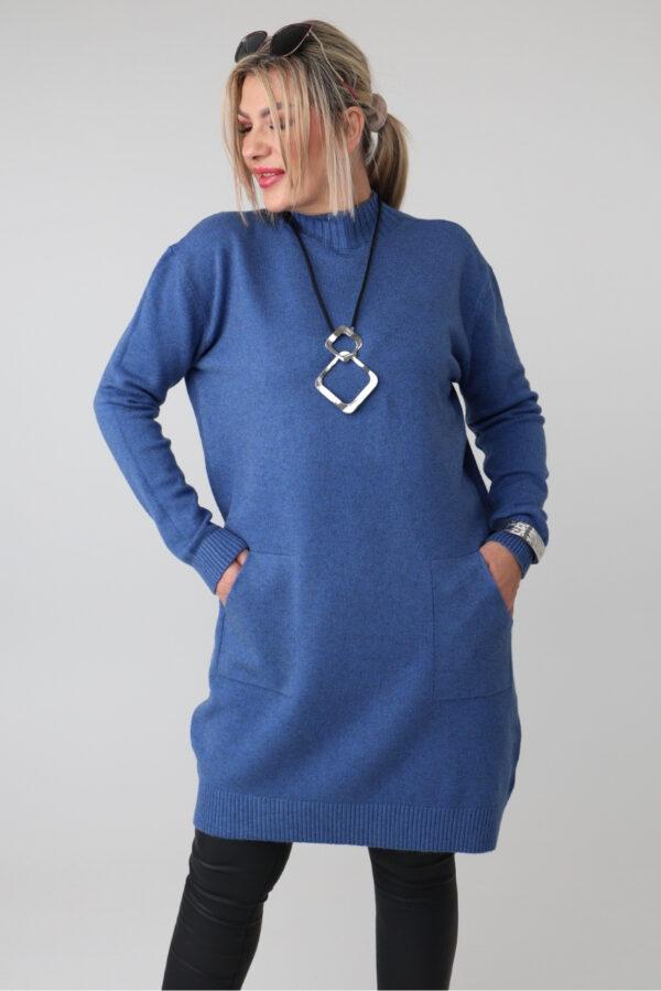 Dłuższy sweter tunika plus size z półgolfem i kieszeniami – luźny elegancki sweter damski XXL dla puszystych kobiet