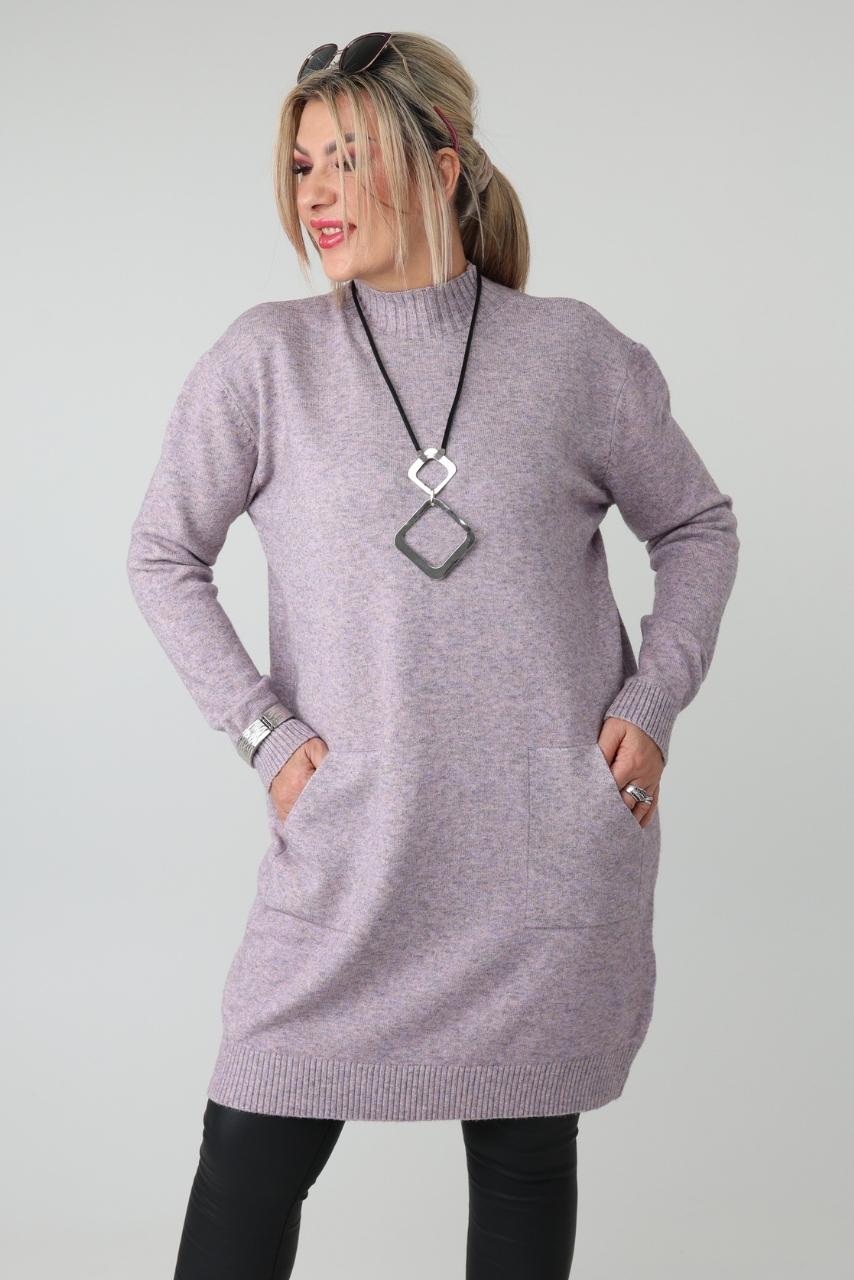 Dłuższy sweter tunika plus size z półgolfem i kieszeniami – luźny elegancki sweter damski XXL dla puszystych kobiet