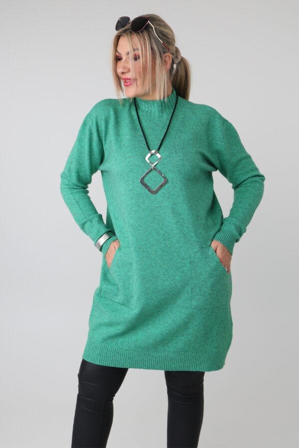 Dłuższy sweter tunika plus size z półgolfem i kieszeniami – luźny elegancki sweter damski XXL dla puszystych kobiet