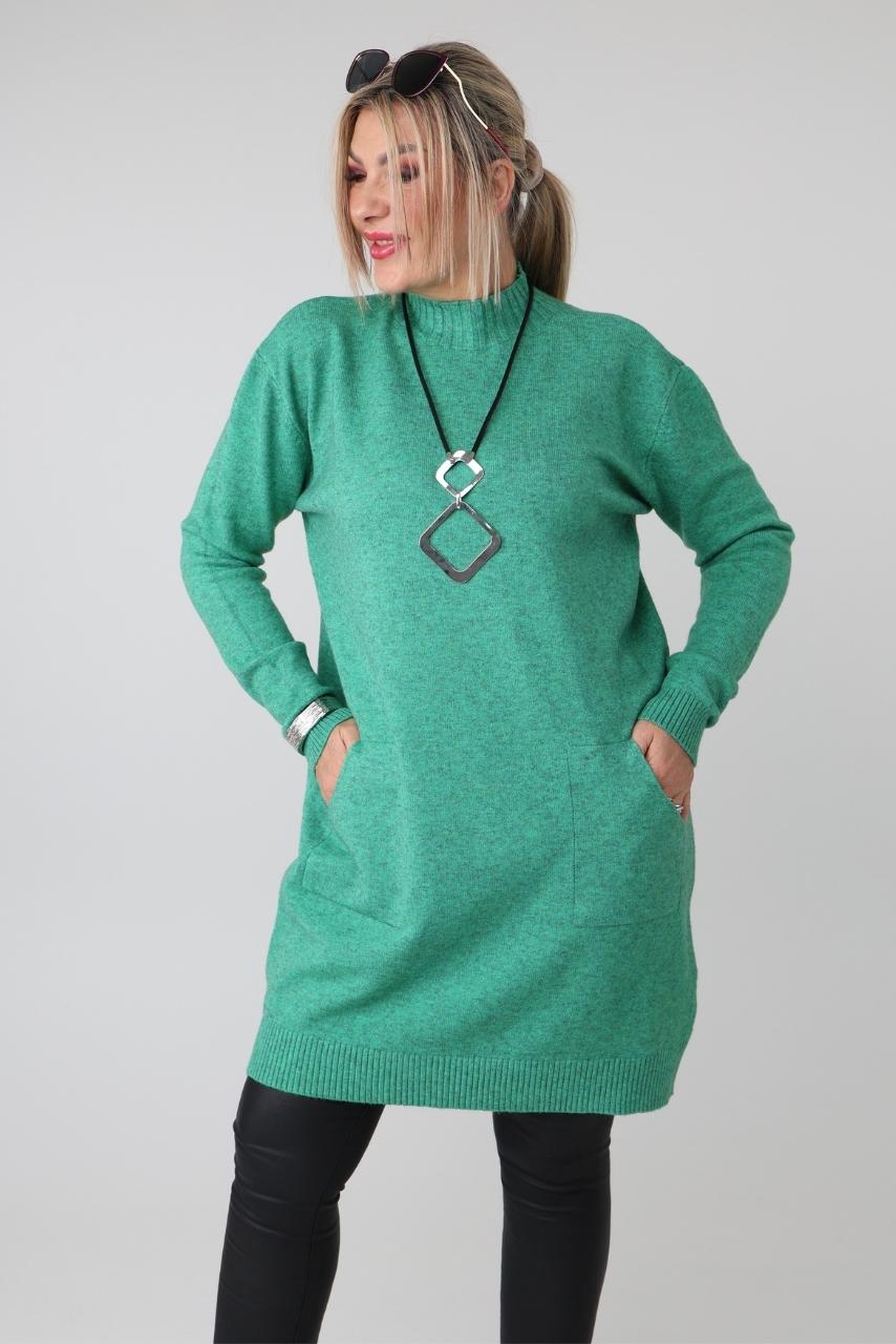 Dłuższy sweter tunika plus size z półgolfem i kieszeniami – luźny elegancki sweter damski XXL dla puszystych kobiet