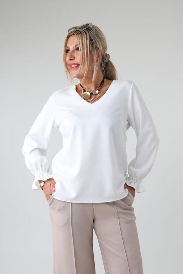 Wizytowa bluzka damska plus size z dekoltem w serek i długim rękawem z gumką – elegancka bluzka XXL dla puszystych kobiet