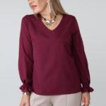 Wizytowa bluzka damska plus size z dekoltem w serek i długim rękawem z gumką – elegancka bluzka XXL dla puszystych kobiet
