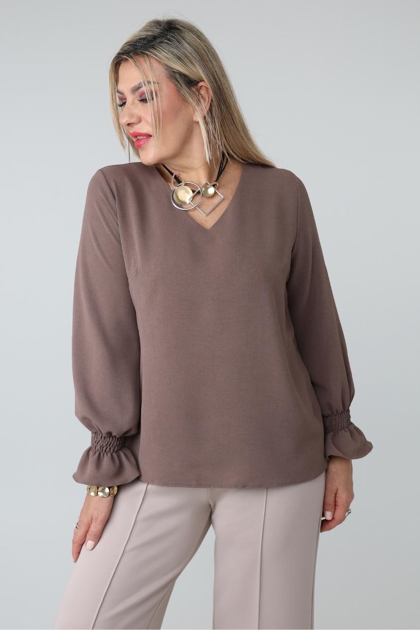 Wizytowa bluzka damska plus size z dekoltem w serek i długim rękawem z gumką – elegancka bluzka XXL dla puszystych kobiet