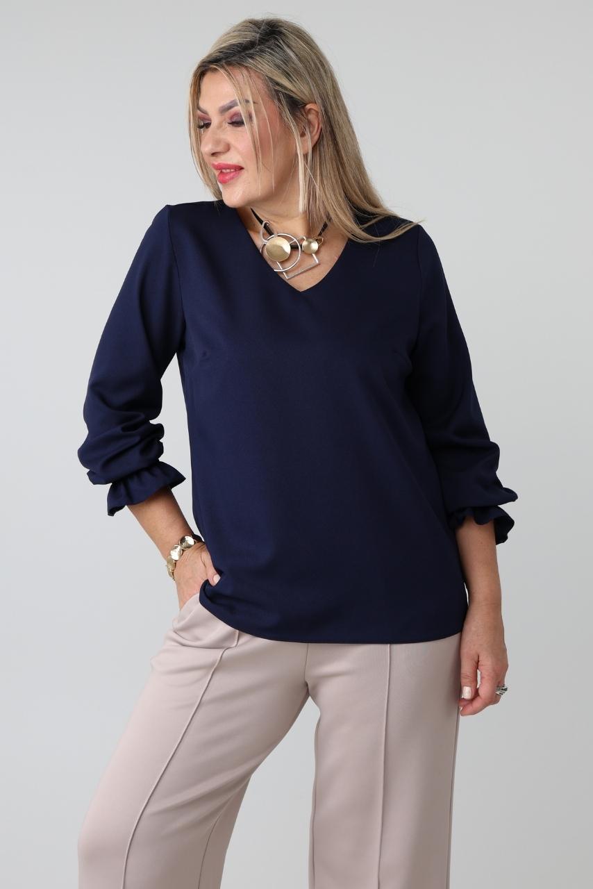 Wizytowa bluzka damska plus size z dekoltem w serek i długim rękawem z gumką – elegancka bluzka XXL dla puszystych kobiet