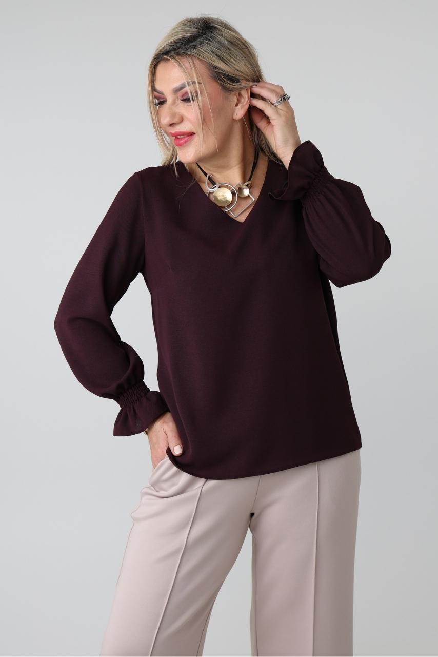 Wizytowa bluzka damska plus size z dekoltem w serek i długim rękawem z gumką – elegancka bluzka XXL dla puszystych kobiet