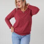 Prążkowany sweter damski plus size z dekoltem w serek, długim rękawem i ozdobną aplikacją – sweter XXL dla puszystych 44-52