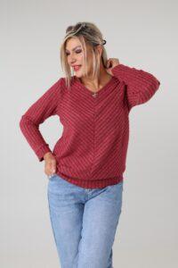 Prążkowany sweter damski plus size z dekoltem w serek, długim rękawem i ozdobną aplikacją – sweter XXL dla puszystych 44-52