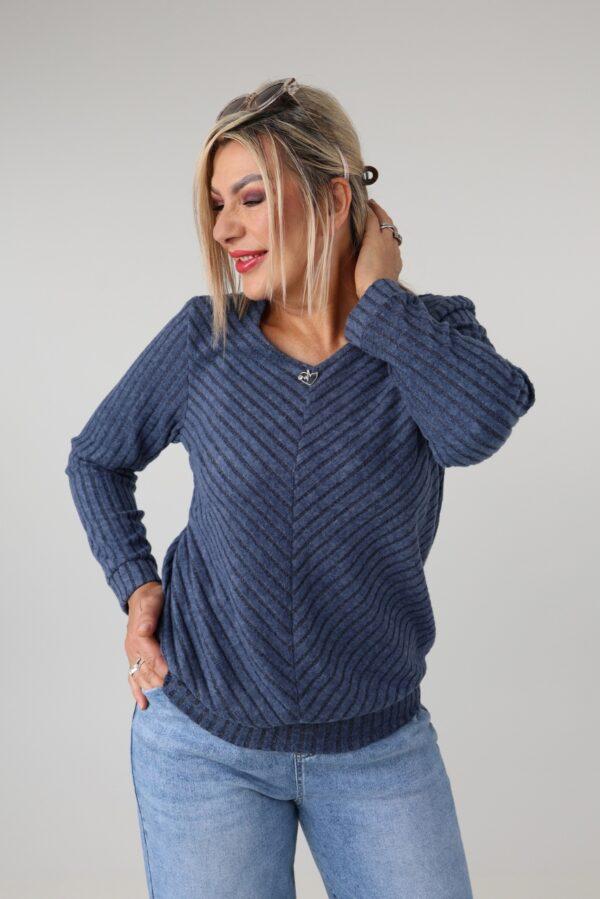 Prążkowany sweter damski plus size z dekoltem w serek, długim rękawem i ozdobną aplikacją – sweter XXL dla puszystych 44-52
