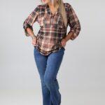 Elegancka bluzka damska plus size w kratę z ozdobnymi guzikami i rękawami – bluzka koszulowa XXL dla puszystych kobiet 44-50