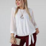 Elegancka bluzka damska plus size z delikatnym połyskiem, szyfonowymi rękawami i ozdobnym wiązaniem na dole – bluzka wizytowa XXL dla puszystych kobiet
