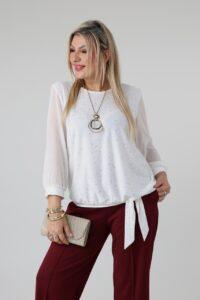 Elegancka bluzka damska plus size z delikatnym połyskiem, szyfonowymi rękawami i ozdobnym wiązaniem na dole – bluzka wizytowa XXL dla puszystych kobiet
