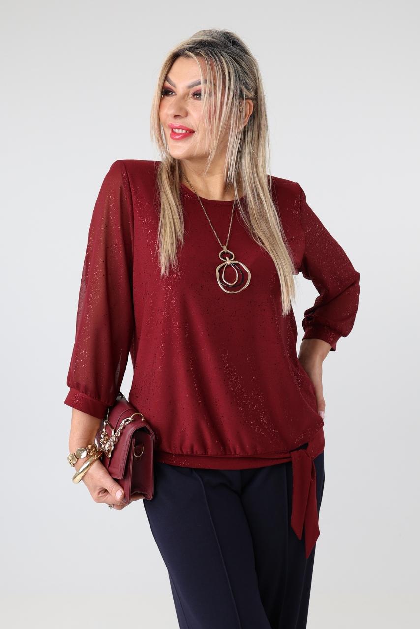 Elegancka bluzka damska plus size z delikatnym połyskiem, szyfonowymi rękawami i ozdobnym wiązaniem na dole – bluzka wizytowa XXL dla puszystych kobiet