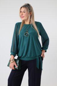 Elegancka bluzka damska plus size z delikatnym połyskiem, szyfonowymi rękawami i ozdobnym wiązaniem na dole – bluzka wizytowa XXL dla puszystych kobiet